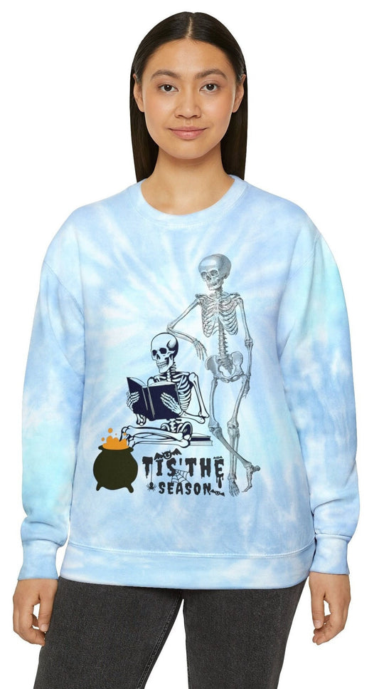 Halloween Book Tie Dye Sweatshirt, Skeleton Sweatshirt, Book Lover Skeleton Tie Dye, Halloween Skeleton Sweater, Fall Tie-Dye Sweatshirt