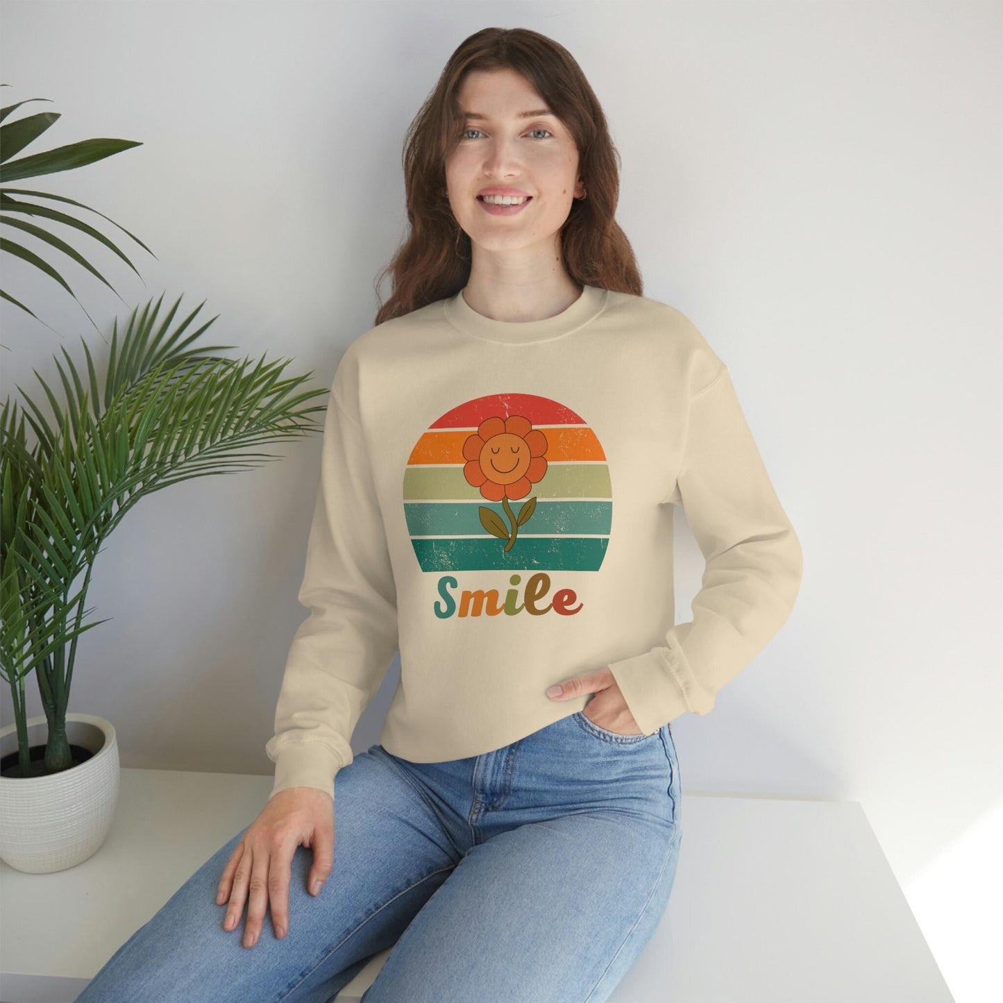 Smiley Face Inspirational Sweatshirt, Positivity Sunset Retro Floral Unisex Heavy Blend Crewneck Sweater.