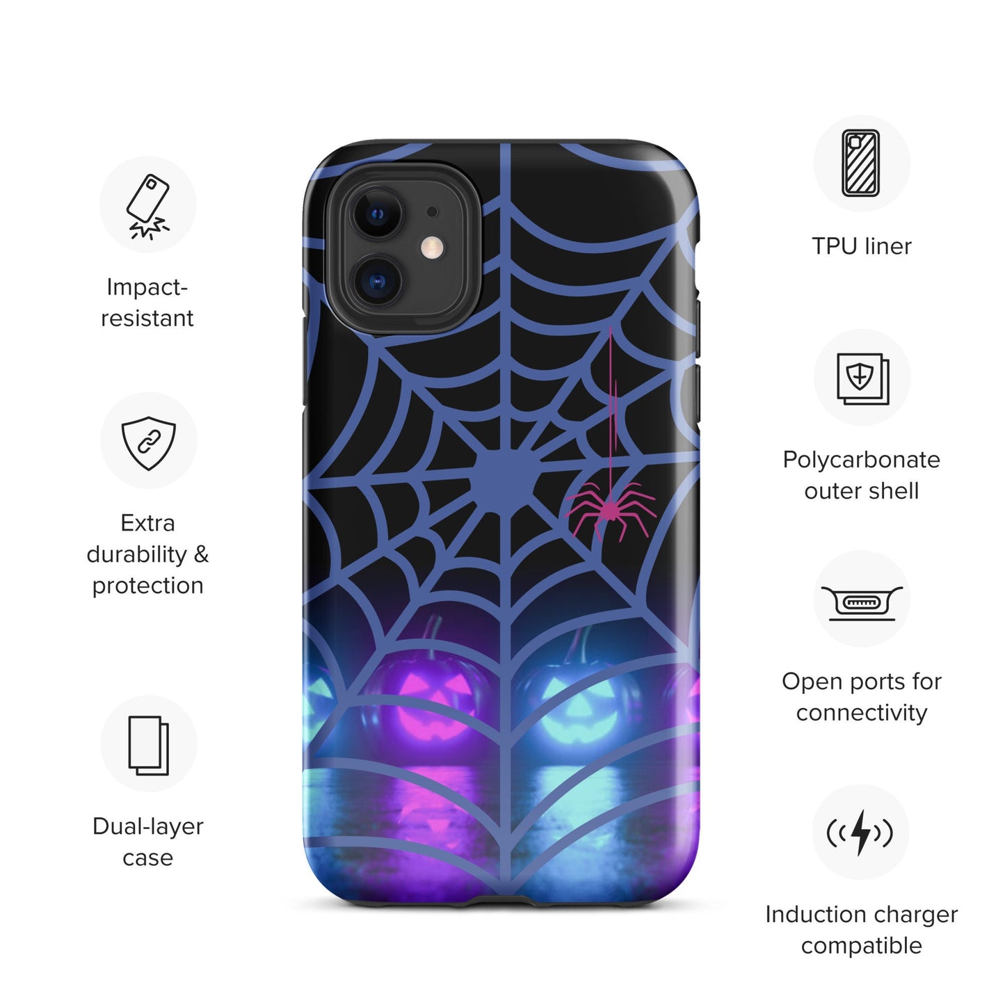 Tough Case for iPhone®, Halloween Phone Case, Pumpkin Phone Case, Spooky Spider Phone Case, Fall Hard Phone Case