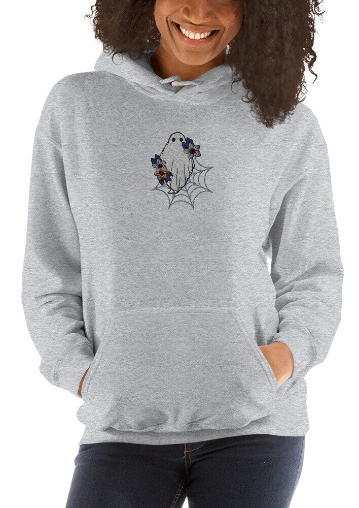 Embroidered Ghost Sweatshirt, Floral Halloween Hoodie, Spooky Season, Embroidered Sweater, Cute Ghost Hoodie, Funny Ghost Hoodie