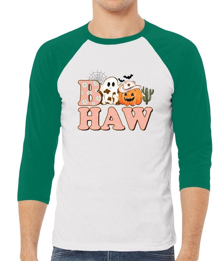 Boo Haw Halloween Shirt, 3/4 Sleeve Halloween Baseball Tee, Boo Haw Tee, Ghoast Facee shirt, Halloween Custome