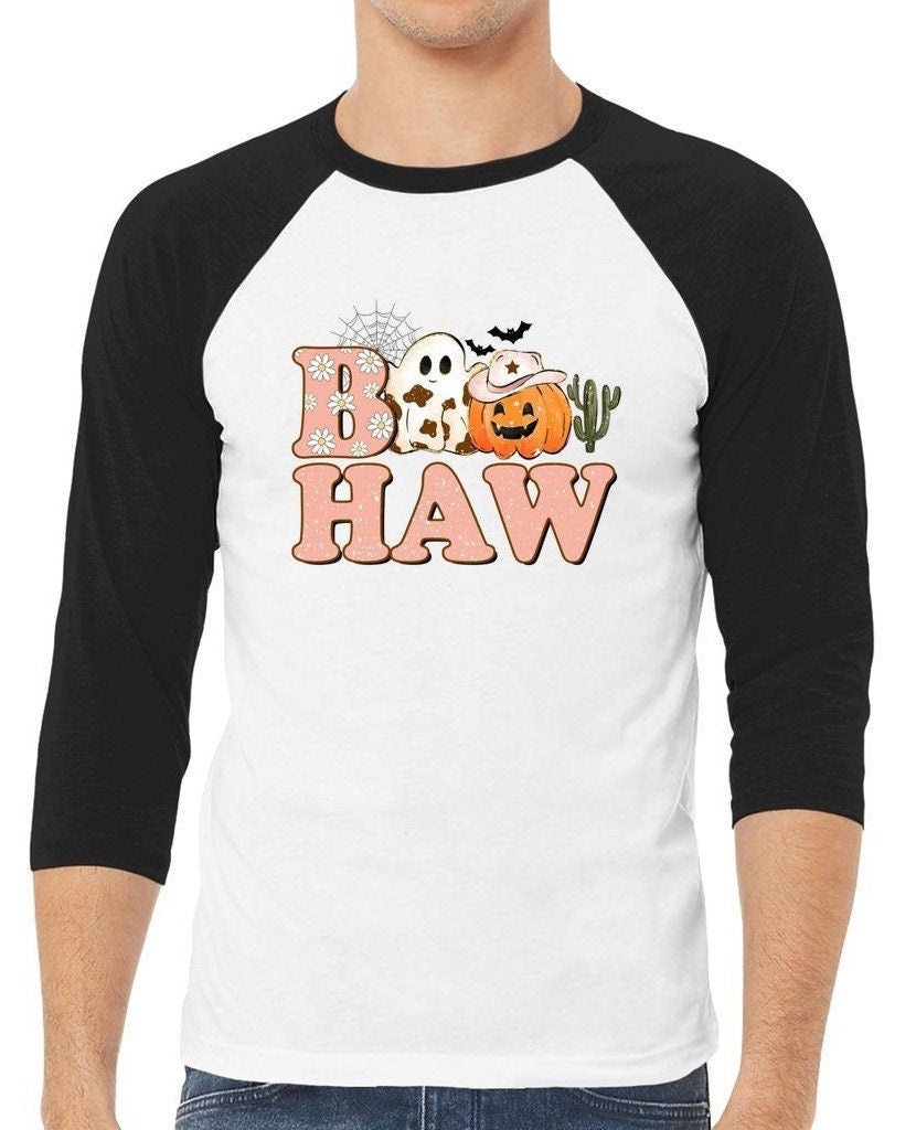 Boo Haw Halloween Shirt, 3/4 Sleeve Halloween Baseball Tee, Boo Haw Tee, Ghoast Facee shirt, Halloween Custome