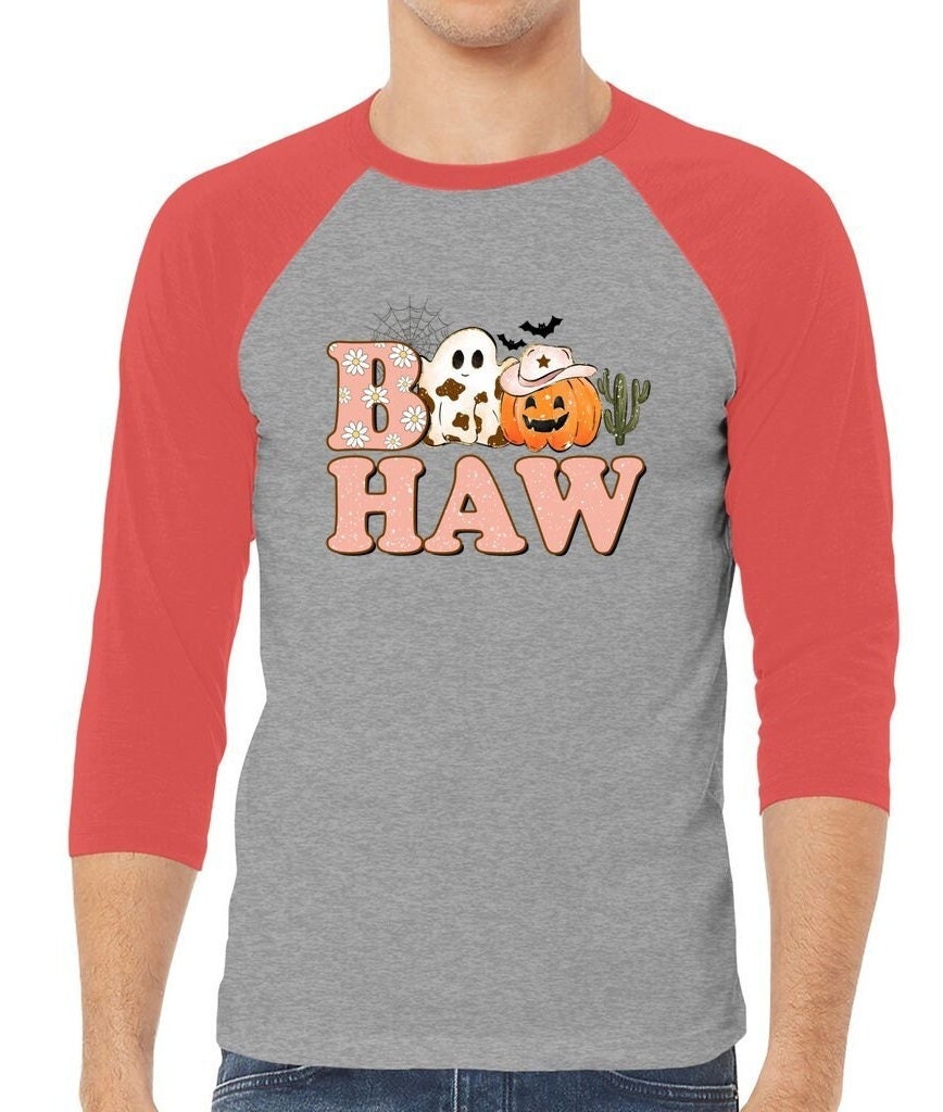 Boo Haw Halloween Shirt, 3/4 Sleeve Halloween Baseball Tee, Boo Haw Tee, Ghoast Facee shirt, Halloween Custome