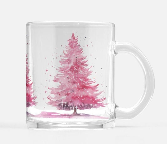 10 Oz Christmas Tree Clear Glass Mug, Holiday Glass Coffee Cup. Pink Xmas Tree Mug