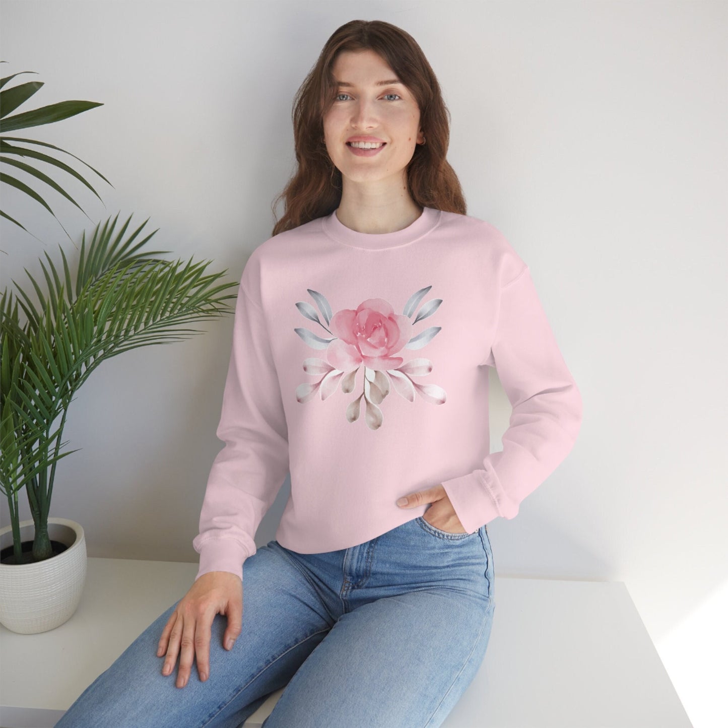 Pink Flower Sweatshirt, Floral Sweater for Women, Nature Lovers Unisex Heavy Blend Crewneck Sweatshirt