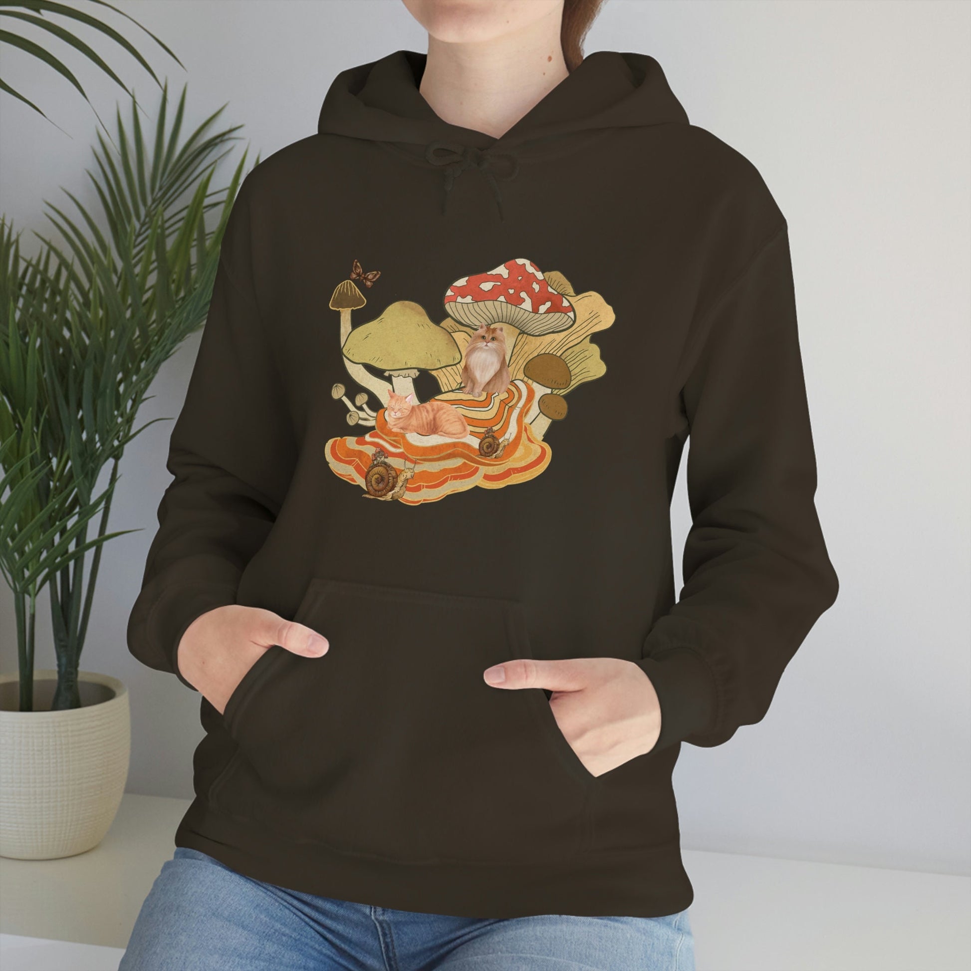 Mushroom Hoodies, Cottagecore Cat Lover Sweatshirt, Nature lover Unisex Heavy Blend Hooded Sweatshirt
