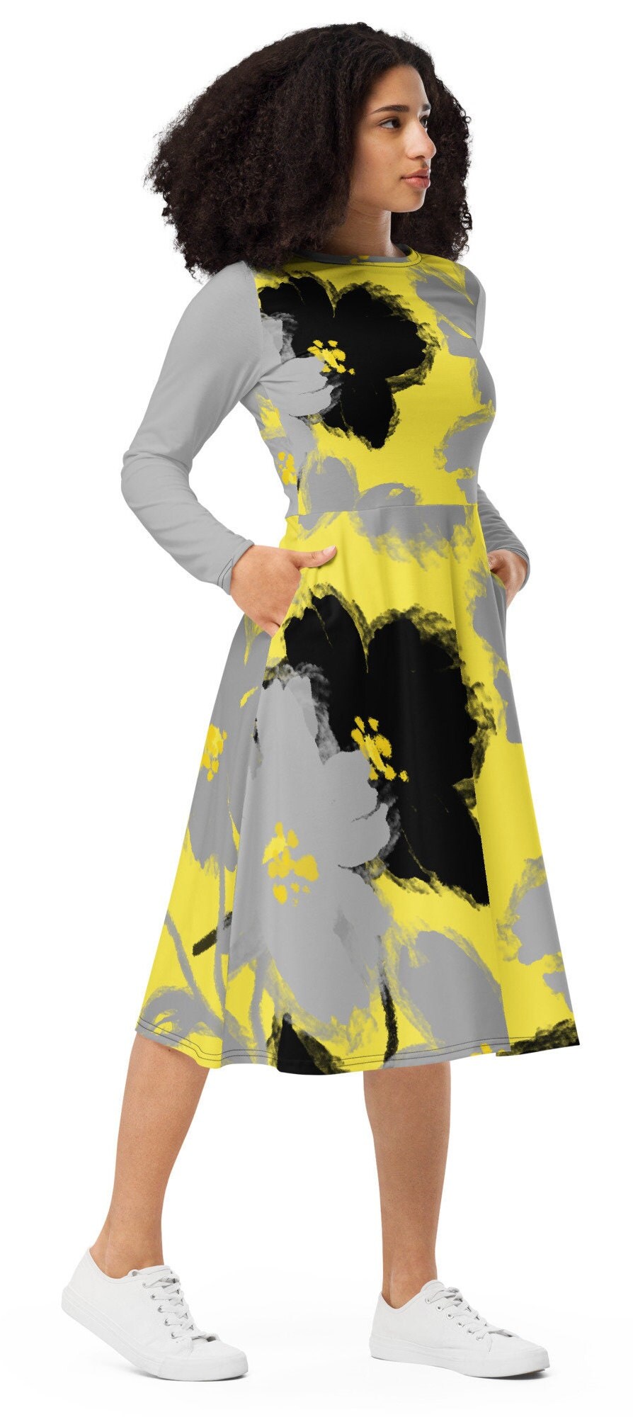 Plus Size Long Sleeve Floral Dress, Oversized Floral Midi Dress, Grey, Yellow, and Black Midi Dress, Floral long sleeve midi dress