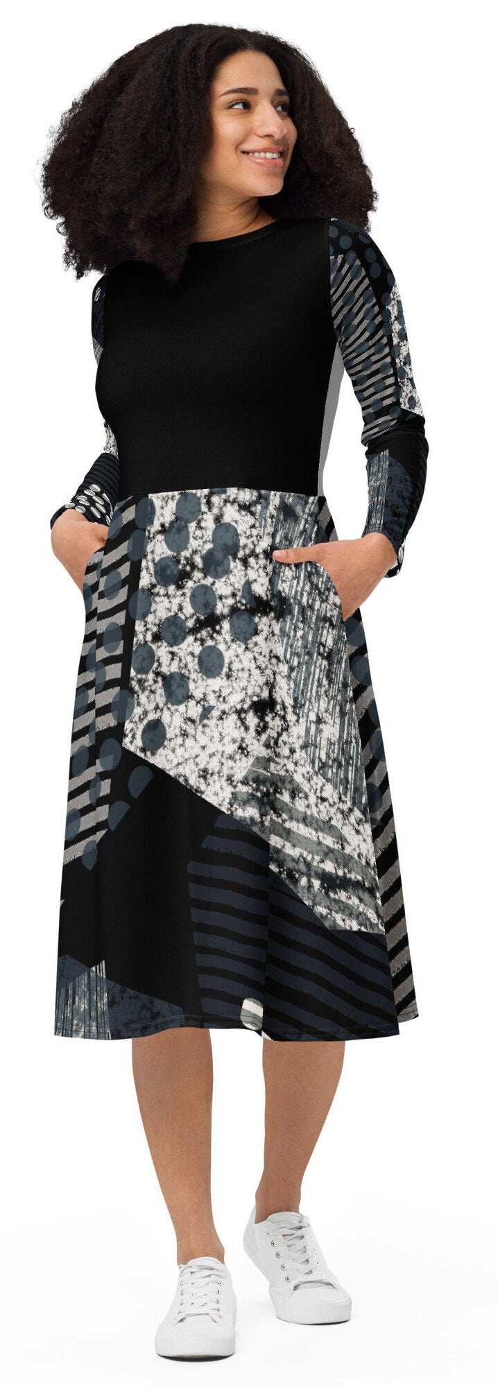 Plus Size Abstract Long Sleeve Dress, Balck and white oversized dress, Dresses For Women, Midi All-over print long sleeve midi dress