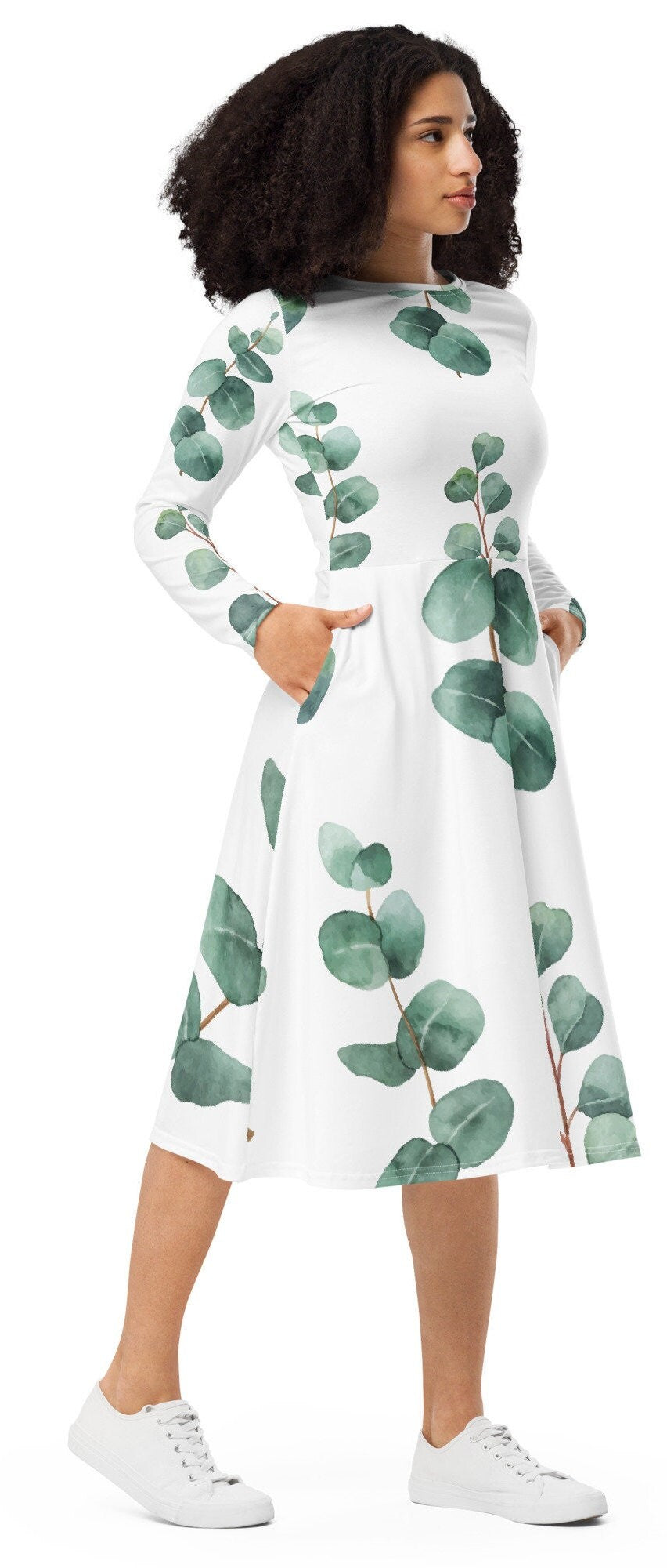 Oversize Long Sleeve Nature lovers Women Dress, Aesthetic Green Leaves White Plus Size Dress, All-over print long sleeve midi dress