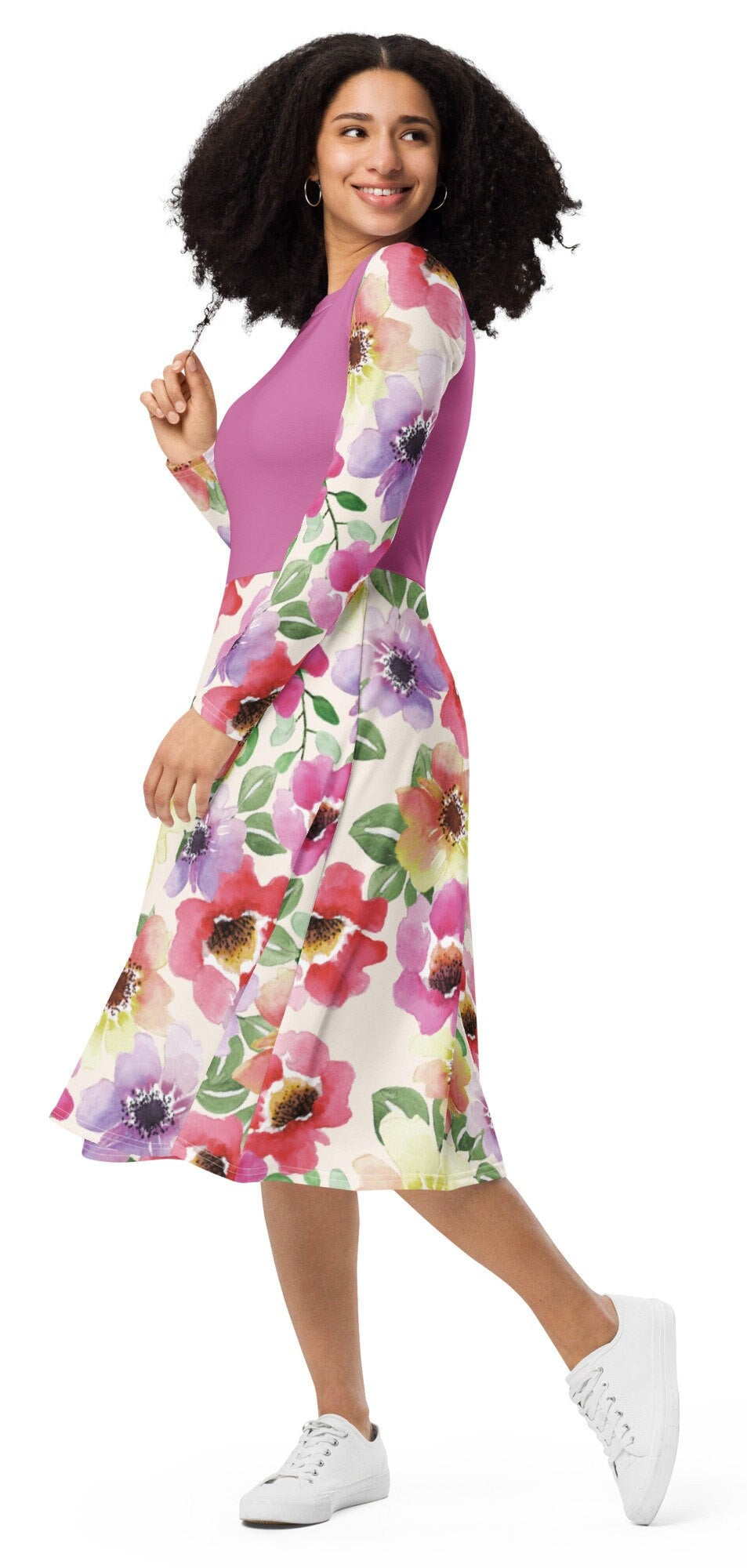 All-over print Pink Floral Plus Size long sleeve midi dress, Modest Midi Floral Dress, Oversized Ployester Colorful Dress