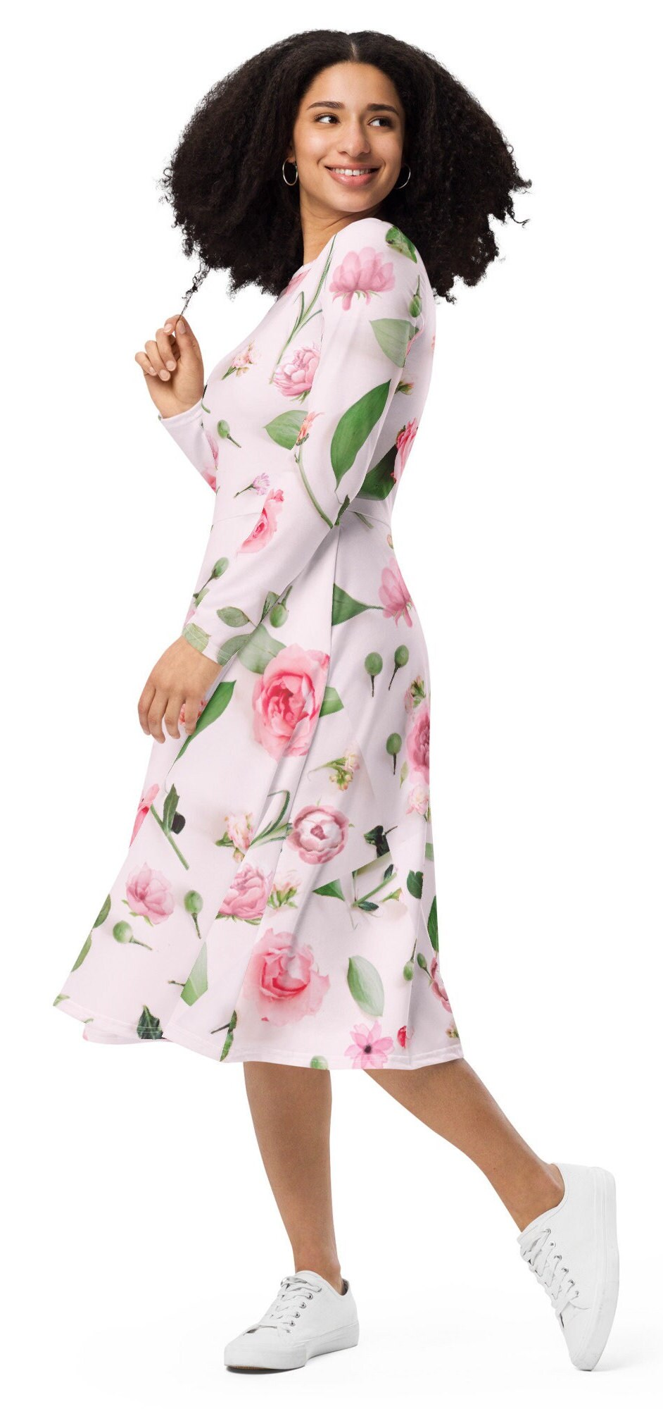 Pink Roses Floral Plus Size Long Sleeve All-over print midi dress, Oversized Floral Dress, Modest nature Lovers Pink Dress