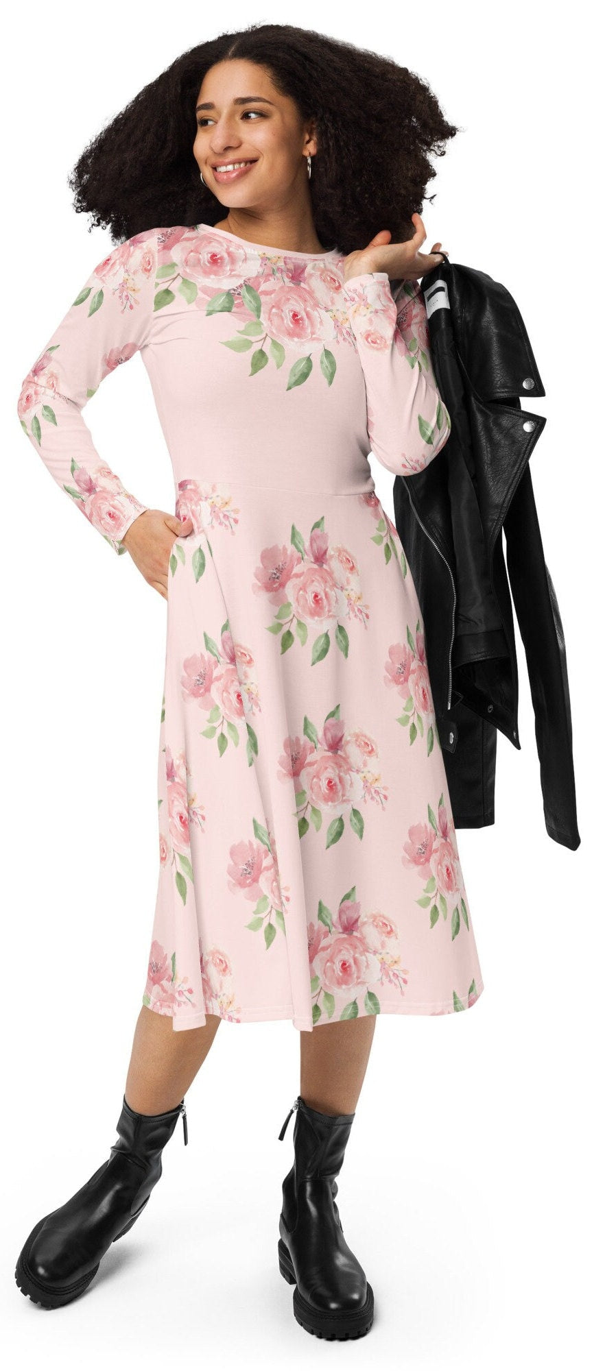 Plus Size Pink Floral print long sleeve midi dress, Modest Pink Floral Shirtdress. Polyester Fit and Flare Oversized Dress