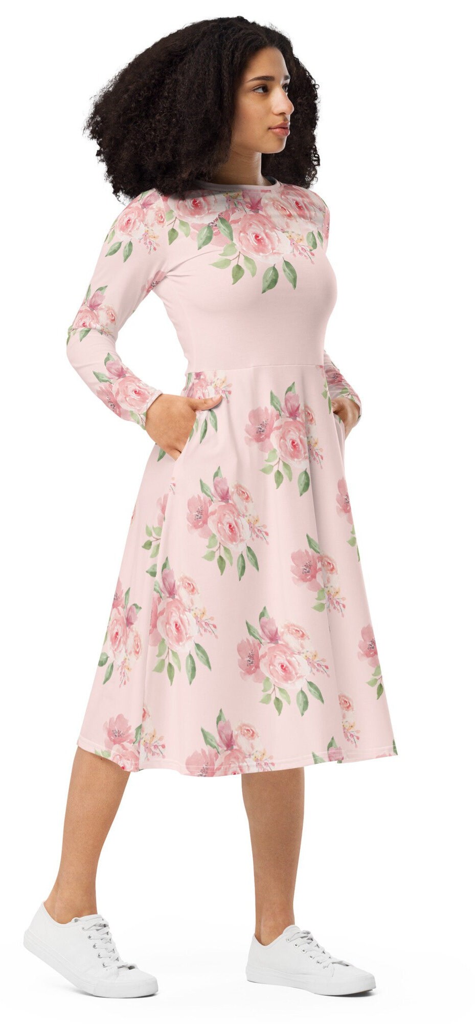 Plus Size Pink Floral print long sleeve midi dress, Modest Pink Floral Shirtdress. Polyester Fit and Flare Oversized Dress