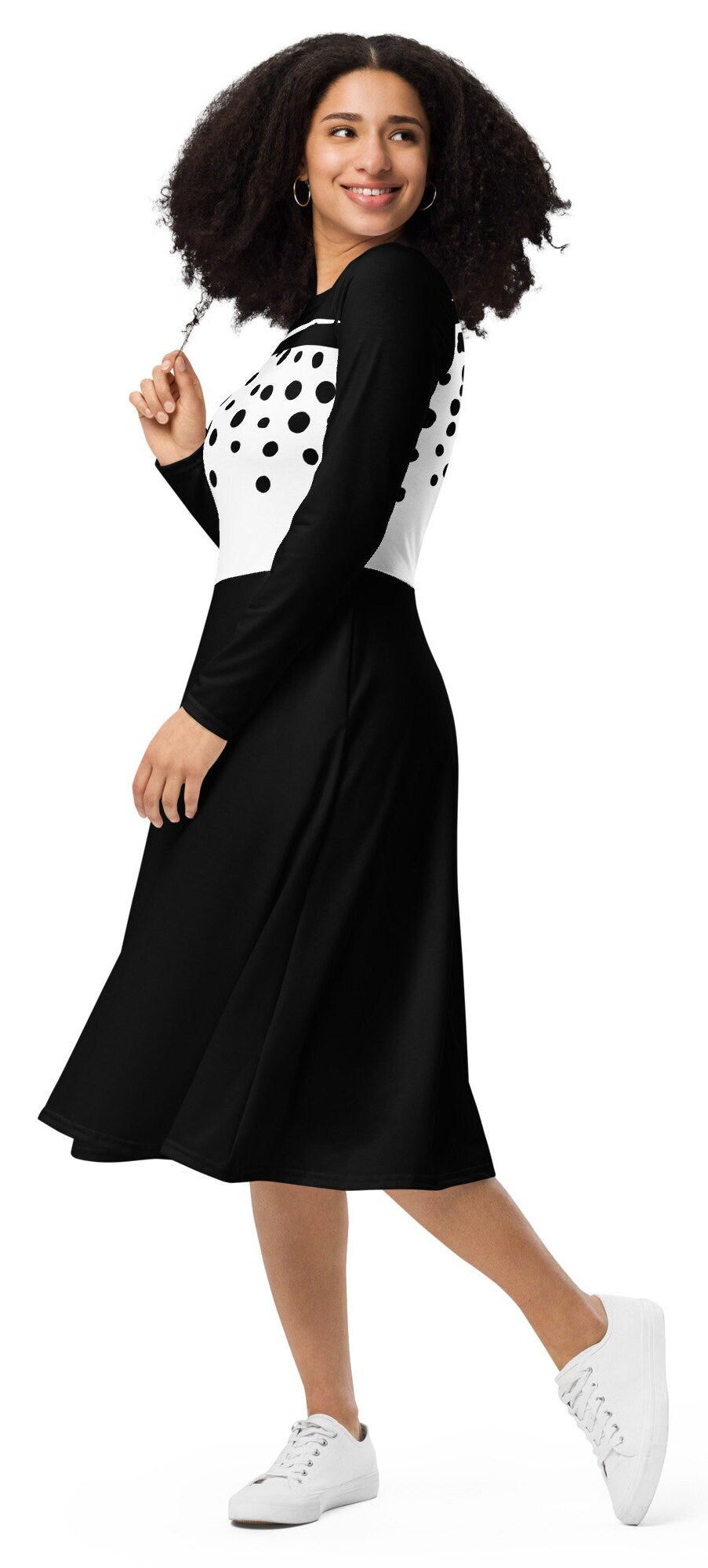 Plus Black and white Dress, Midi Polka Dot Dress, White Dot Dress, Black And White, Long Sleeve Dress, All-over print long sleeve midi dress