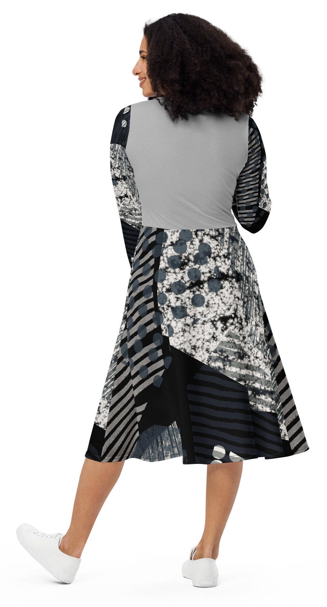 Plus Size Abstract Long Sleeve Dress, Balck and white oversized dress, Dresses For Women, Midi All-over print long sleeve midi dress