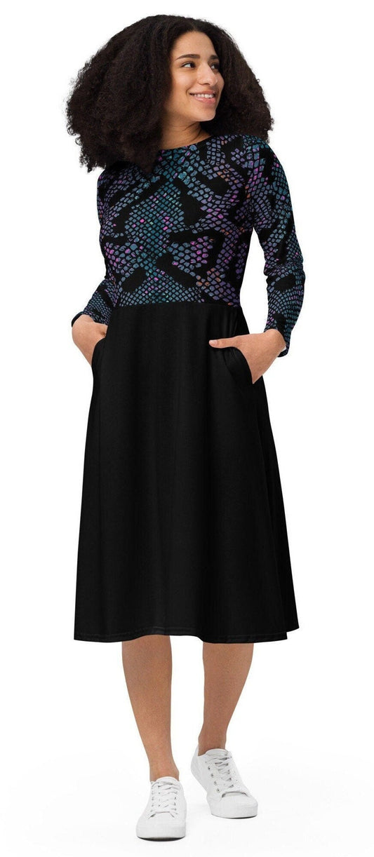 Plus Size Black Women Dress, Plus Size Midi Dress, Woman's Clothing, Oversized All-over print long sleeve midi dress