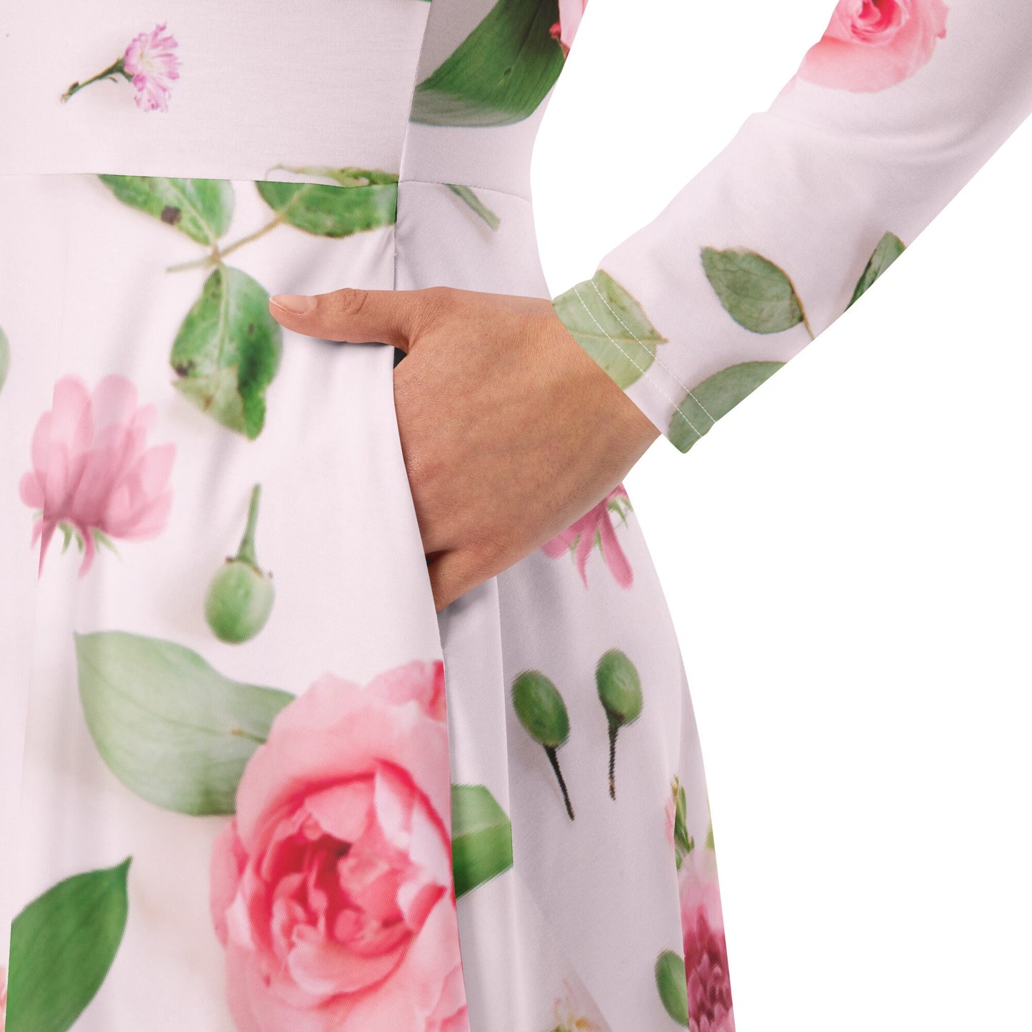 Pink Roses floral Plus Size Long Sleeves All-over print midi dress, Oversized Floral Dress, Modest nature Lovers Pink Dress