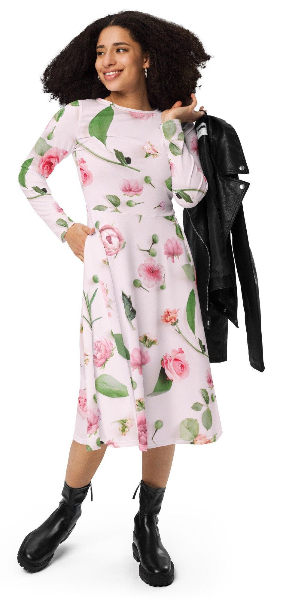 Pink Roses Floral Plus Size Long Sleeve All-over print midi dress, Oversized Floral Dress, Modest nature Lovers Pink Dress
