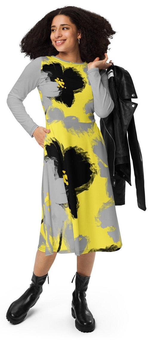 Plus Size Long Sleeve Floral Dress, Oversized Floral Midi Dress, Grey, Yellow, and Black Midi Dress, Floral long sleeve midi dress