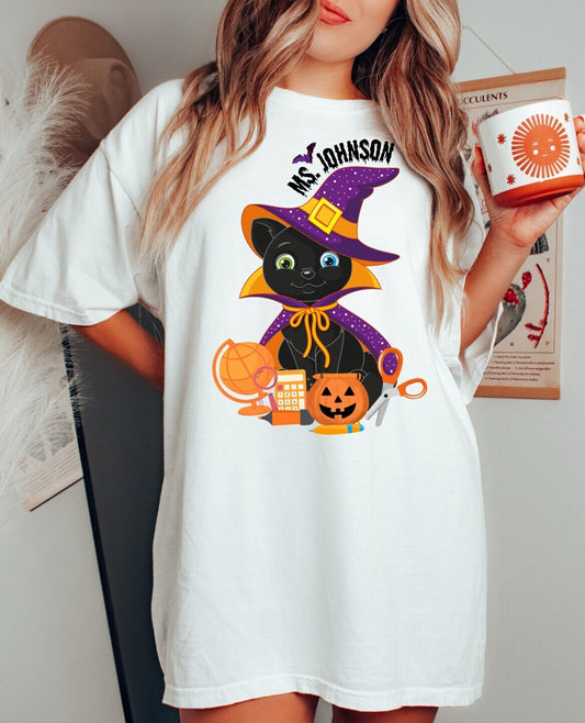 Comfort Colors Teacher Halloween Shirt, Gift For Teacher, Halloween Cat Teacher T-shirt, Cute Fall Halloween Shirt, Halloween Party