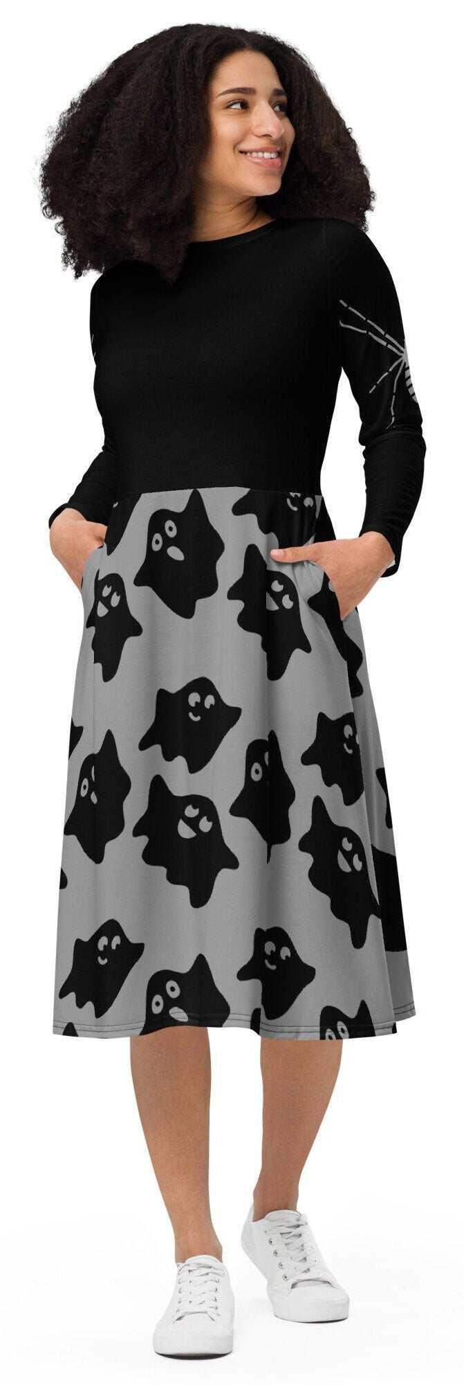 Plus Size Black Ghost Halloween Women Costume, Spooky Halloween Midi Dress, Halloween Spider Long Sleeve Midi Dress, Creepy Halloween Dress
