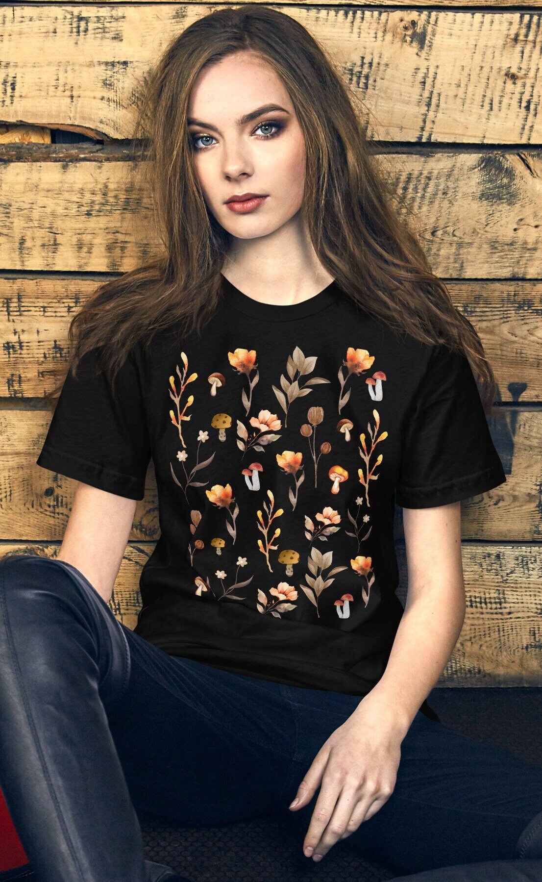 Orange-Brown Floral Sweatshirt, Botanical Wildflower Shirt, Cottagecore mushroom Flower Shirt, Cottagecore Shirt