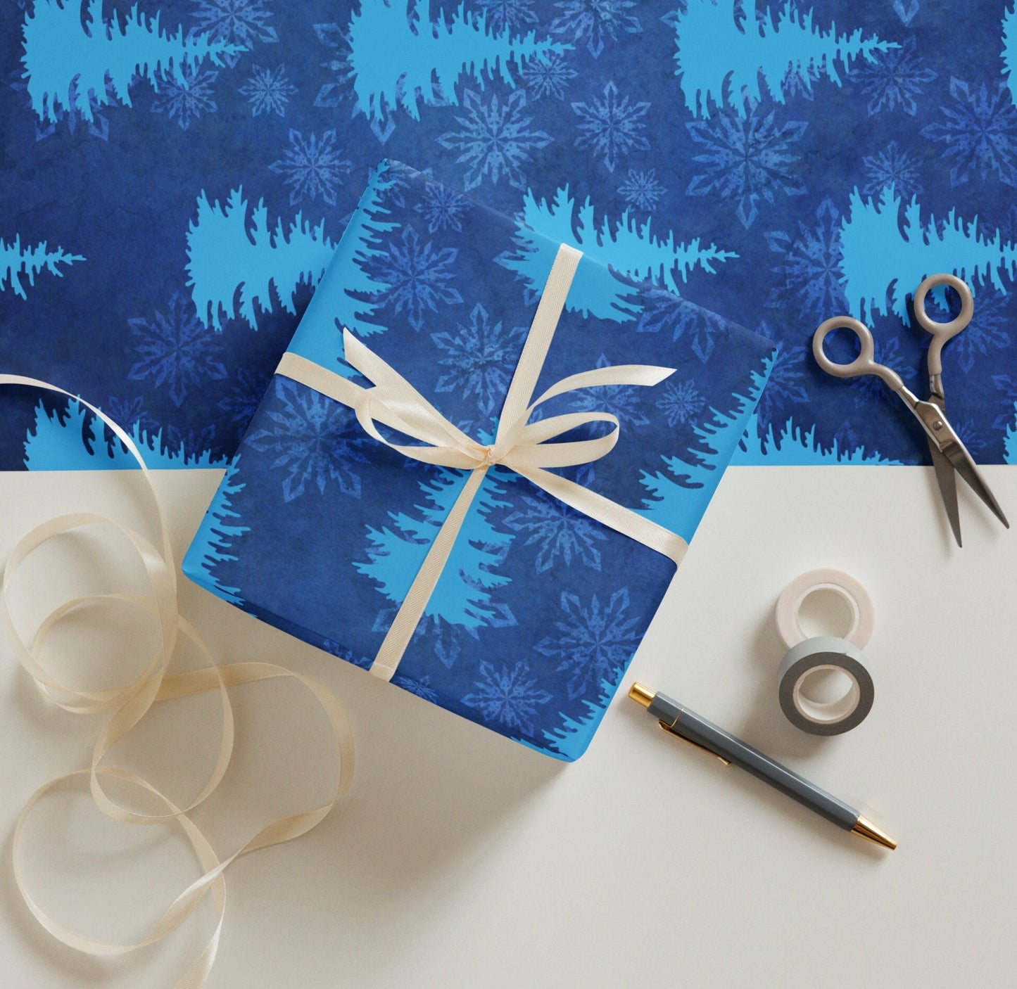 Blue Christmas Tree wrapping paper sheets, (Set of 3 ) 28.75″ × 19.75″ (73 × 50.2 cm)